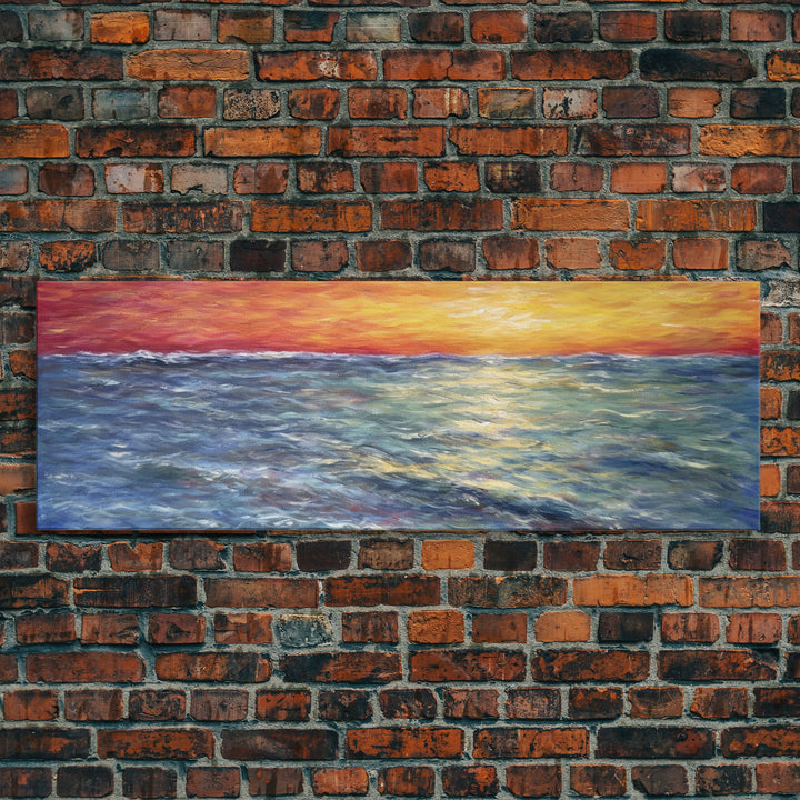 Vibrant Abstract, Framed Art, Sunset, Ocean, Abstract Sea Wall Art, Orange, Blue, Yellow, Abstract Nature, Panoramic, Wall Art, Canvas Print