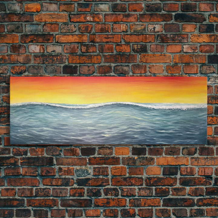 Seascape Canvas Art Print, Ocean, Waves, Horizon, Sunset, Orange, Blue, Yellow, Nature, Wall Decor, Panoramic, Wall Art, Canvas Print