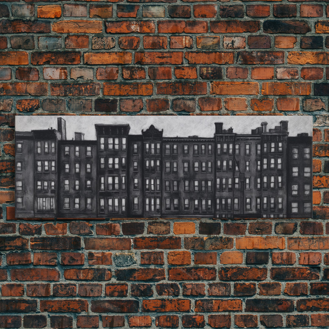 Row Of Buildings Pencil Sketch, Monochromatic Art, City Art, Large Urban Art Print, Wall Decor, Panoramic, Wall Art, Canvas Print