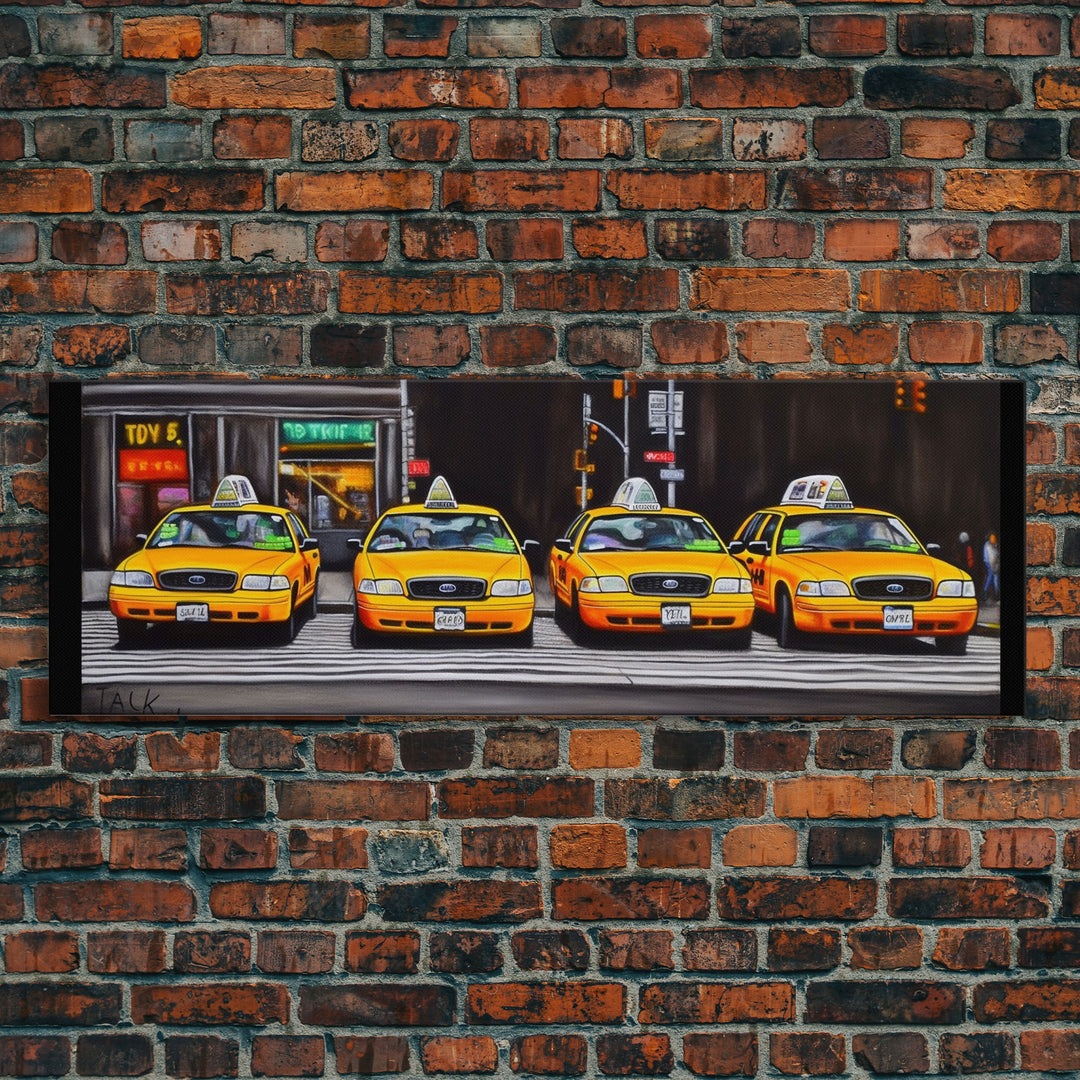 Yellow Taxis Canvas Print, City Art, Yellow Large Urban Art Print, Cars Wall Decor, Framed Canvas Print, Panoramic, Wall Art, Canvas Print