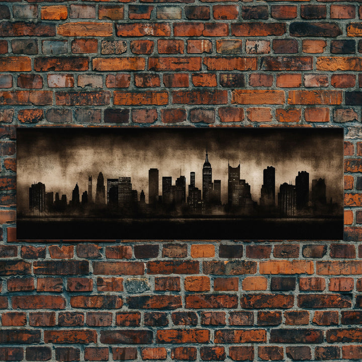 City Skyline Grunge Wall Art Canvas Print, City Art, Dark Urban Art, Large Urban Art Print, Wall Decor, Panoramic, Wall Art, Canvas Print