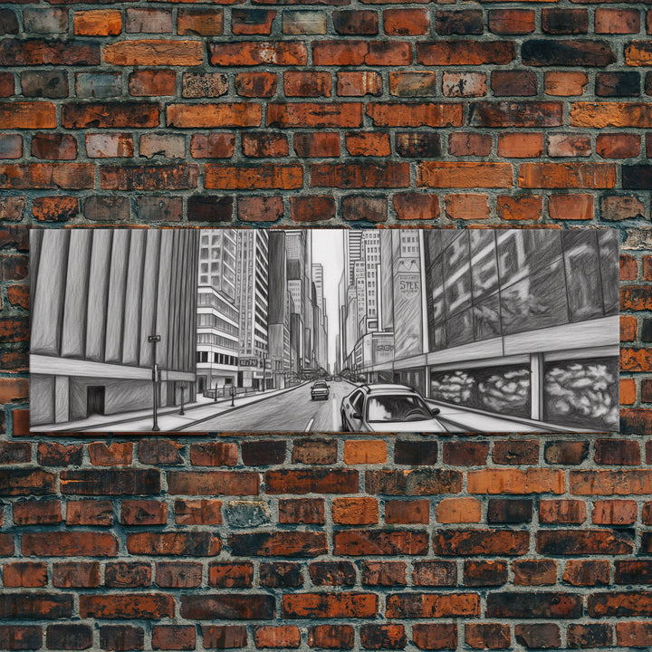 Pencil Sketch City Canvas Print, Buildings, Cars, Street, Urban Art, Large Urban Art Print, Wall Decor, Panoramic, Wall Art, Canvas Print