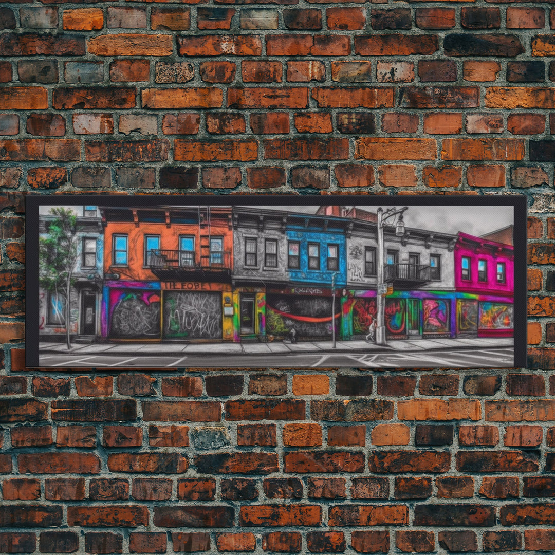 Run Down Row Of Buildings Canvas Print, Large Urban Art Print, Graffiti Street Art, Vibrant Art, Panoramic, Wall Art, Canvas Print