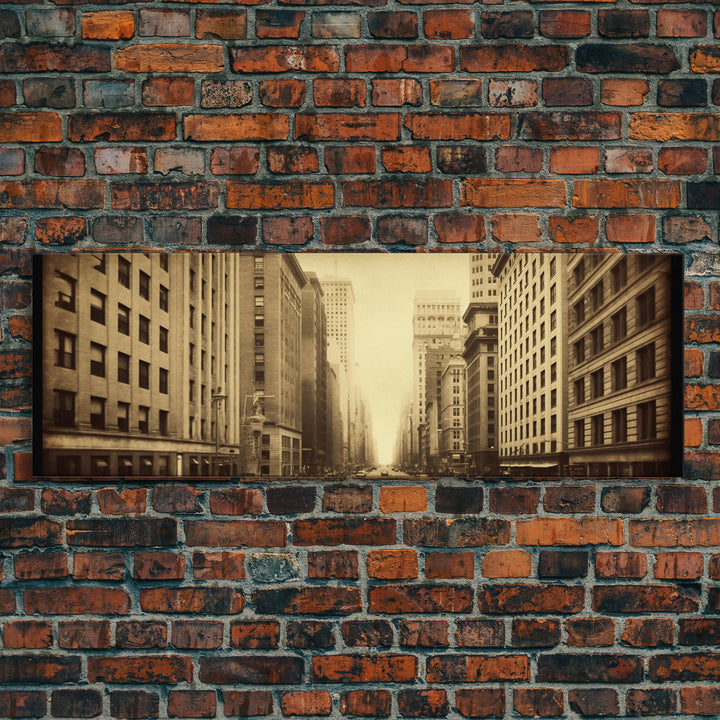 City Scape Wall Art, City Skyline Wall Art, Framed Canvas, Sepia Art, Perspective Art Print, Wall Decor, Panoramic, Wall Art, Canvas Print