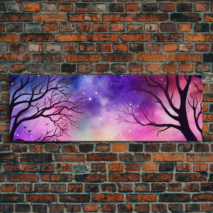 Watercolor Sky Wall Art, Purple Art, Pink Print, Fall Trees Art Canvas Print, Large Mixed Media Wall Art, Panoramic, Wall Art, Canvas Print