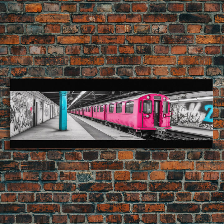 Graffiti On Subway Station, Graffiti Art Canvas, Pink Train, Wall Decor, Urban Art, Framed Canvas Print, Panoramic, Wall Art, Canvas Print