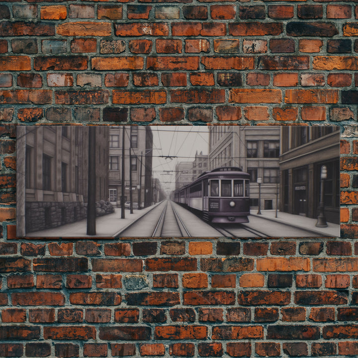 Streetcar Urban Art Print, Purple Train, Perspective Art, City Art, Urban Canvas Print, Panoramic, Wall Art, Canvas Print