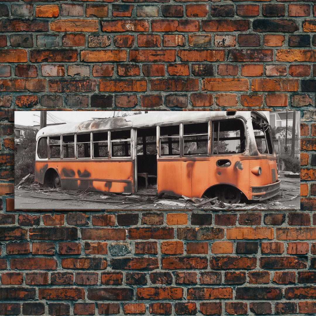 Old Burned Down Orange Bus, Abandoned Bus, Wall Decor, Bus Wreckage Canvas Art Print, Panoramic, Wall Art, Canvas Print