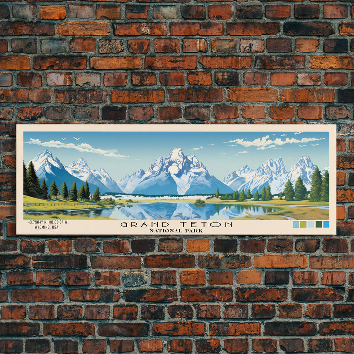 Grand Teton National Park Panoramic Wyoming Travel Art, National Park Print, Minimalist Travel Art, Subdued Watercolor Painting Panoramic