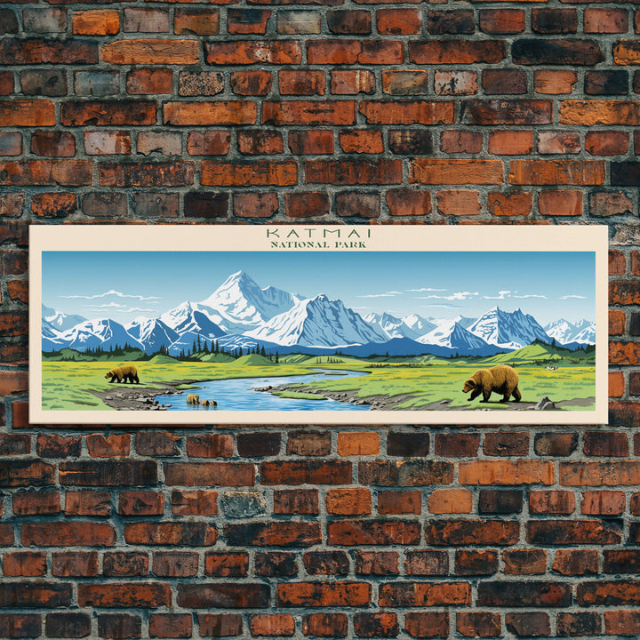 Katmai National Park, Panoramic Alaska Travel Art, National Park Print, Minimalist Travel Art, Midcentury Modern Style Landscape