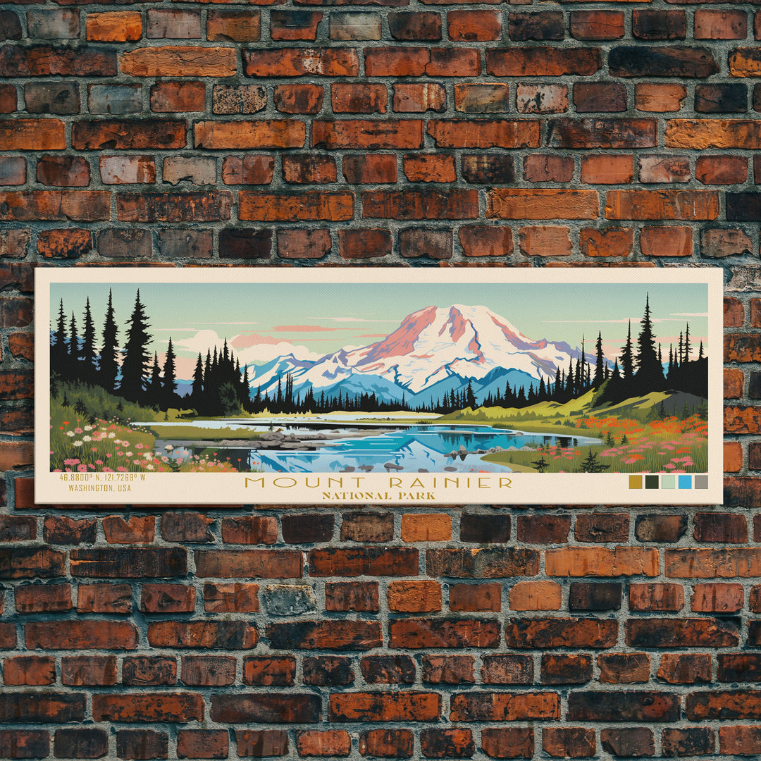 Mount Rainier National Park Panoramic Washington Travel Art, National Park Print, Minimalist Travel Art, Midcentury Modern Style Landscape