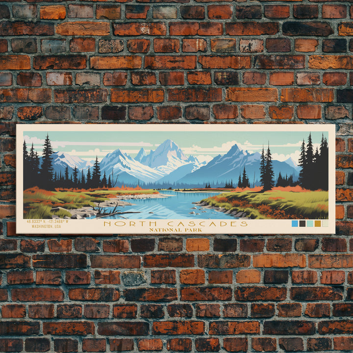 North Cascades National Park Panoramic Washington Travel Art, National Park Print, Minimalist Travel Art, Midcentury Modern Style Landscape