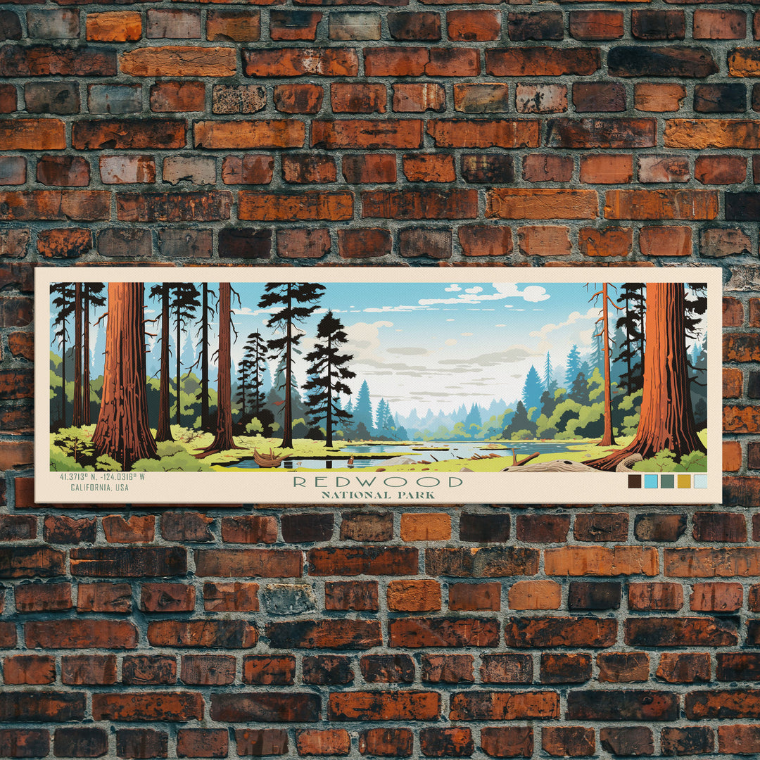 Redwood National Park Panoramic California Travel Art, National Park Print, Minimalist Travel Art, Midcentury Modern Style Landscape