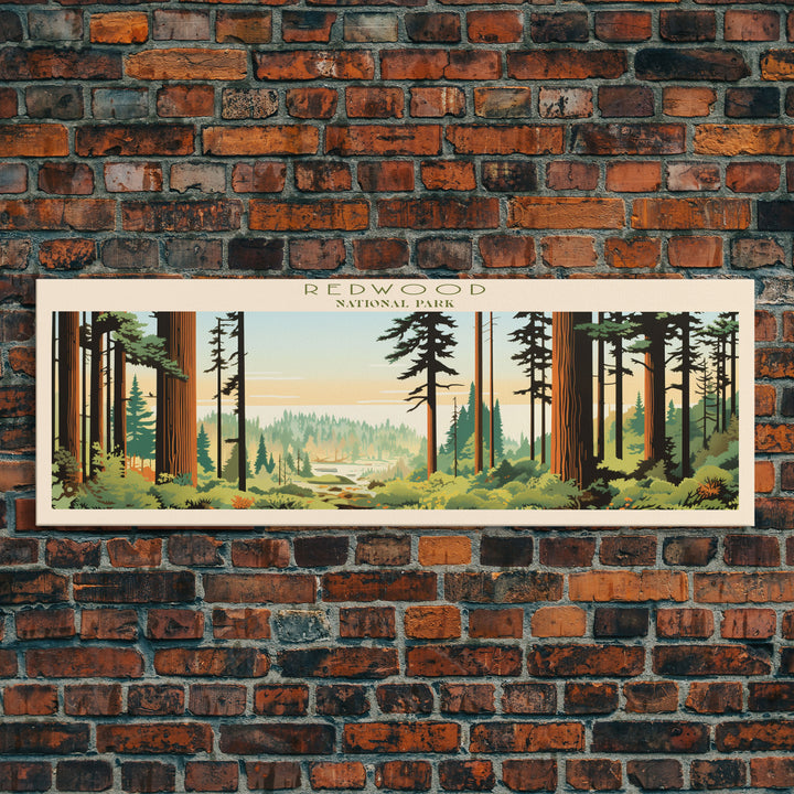 Redwood National Park Panoramic California Travel Art, National Park Print, Minimalist Travel Art, Midcentury Modern Style Landscape