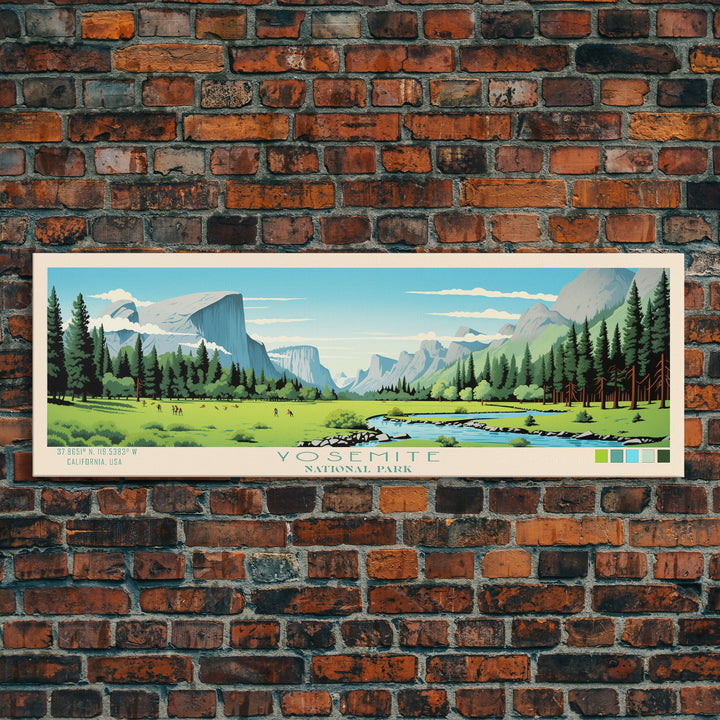 Yosemite National Park Panoramic California Travel Art, National Park Print, Minimalist Travel Art, Midcentury Modern Style Landscape