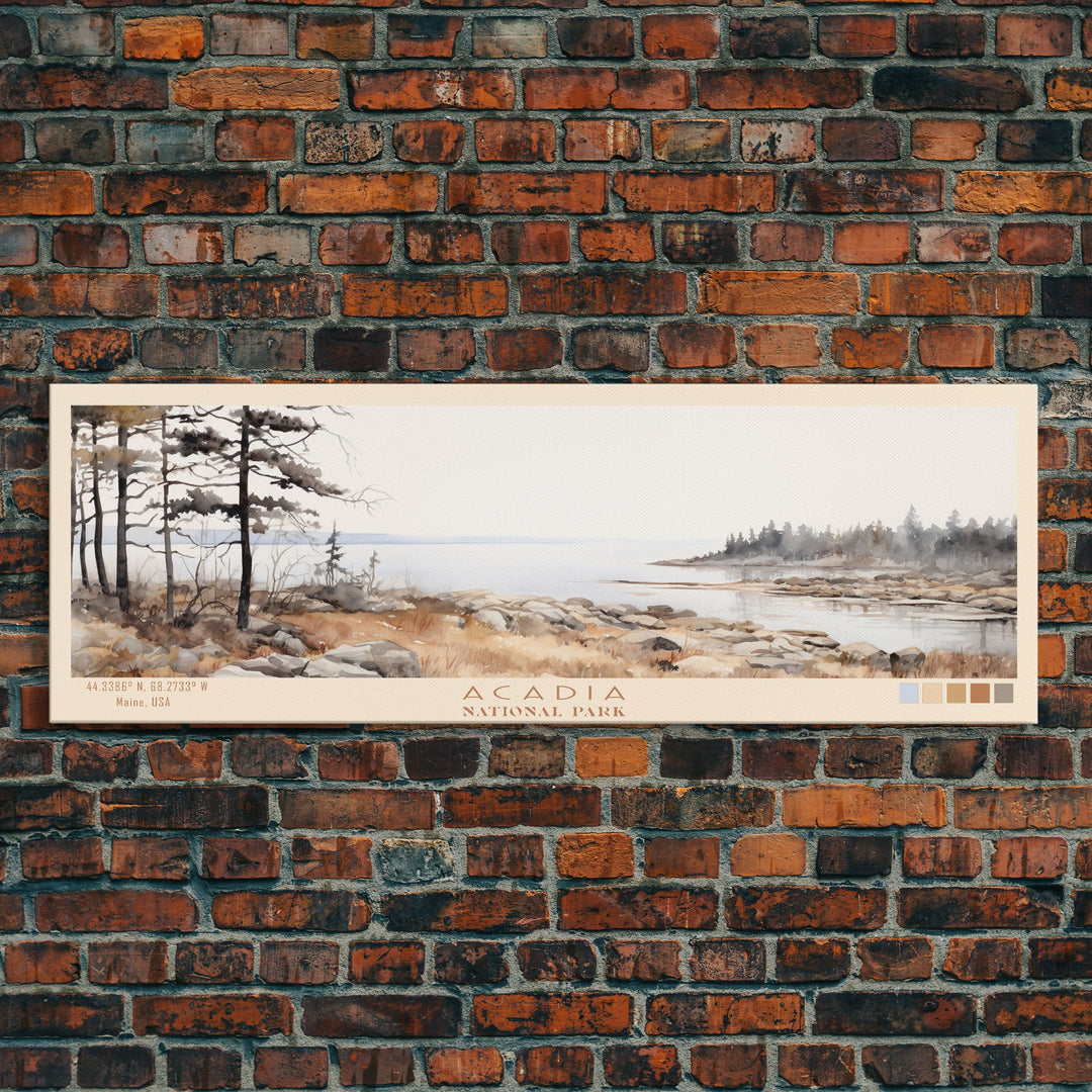 Acadia National Park Panoramic Maine Travel Art, National Park Print, Minimalist Travel Art, Subdued Watercolor Painting Panoramic