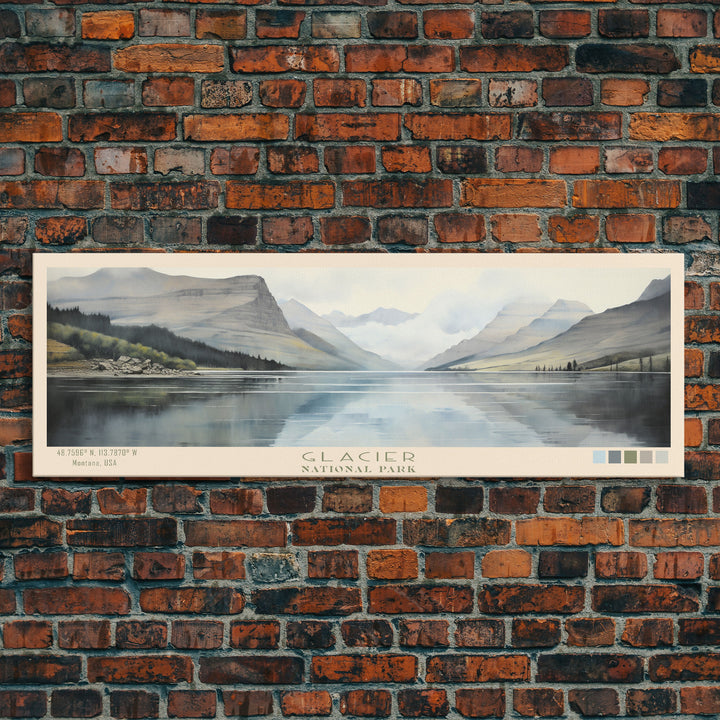 Glacier National Park Panoramic Montana Travel Art, National Park Print, Minimalist Travel Art, Subdued Watercolor Painting Panoramic