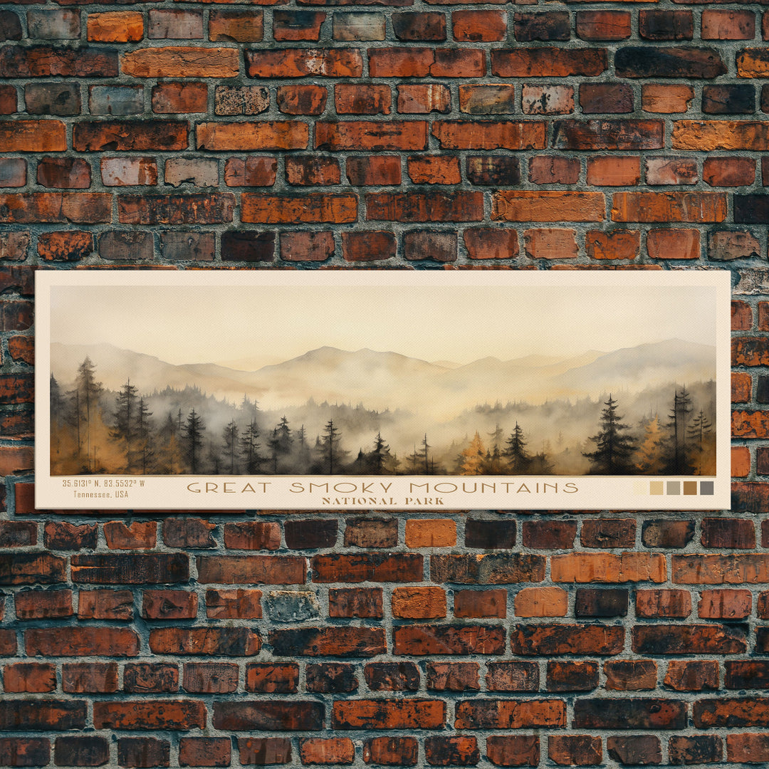 Great Smoky Mountains National Park Panoramic Travel Art, National Park Print, Minimalist Travel Art, Subdued Watercolor Painting Panoramic