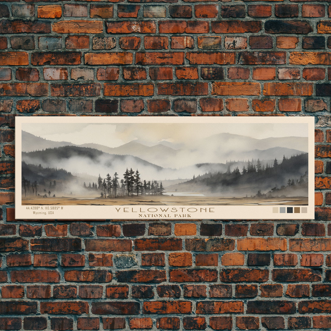 Yellowstone National Park Panoramic Wyoming Travel Art, National Park Print, Minimalist Travel Art, Subdued Watercolor Painting Panoramic