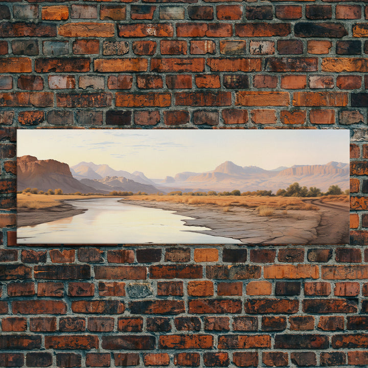 Ultrawide Panoramic Watercolor Landscape Painting Of a Utah Desert, Framed Canvas Print, Subdued Boho Minimalist Wall Art