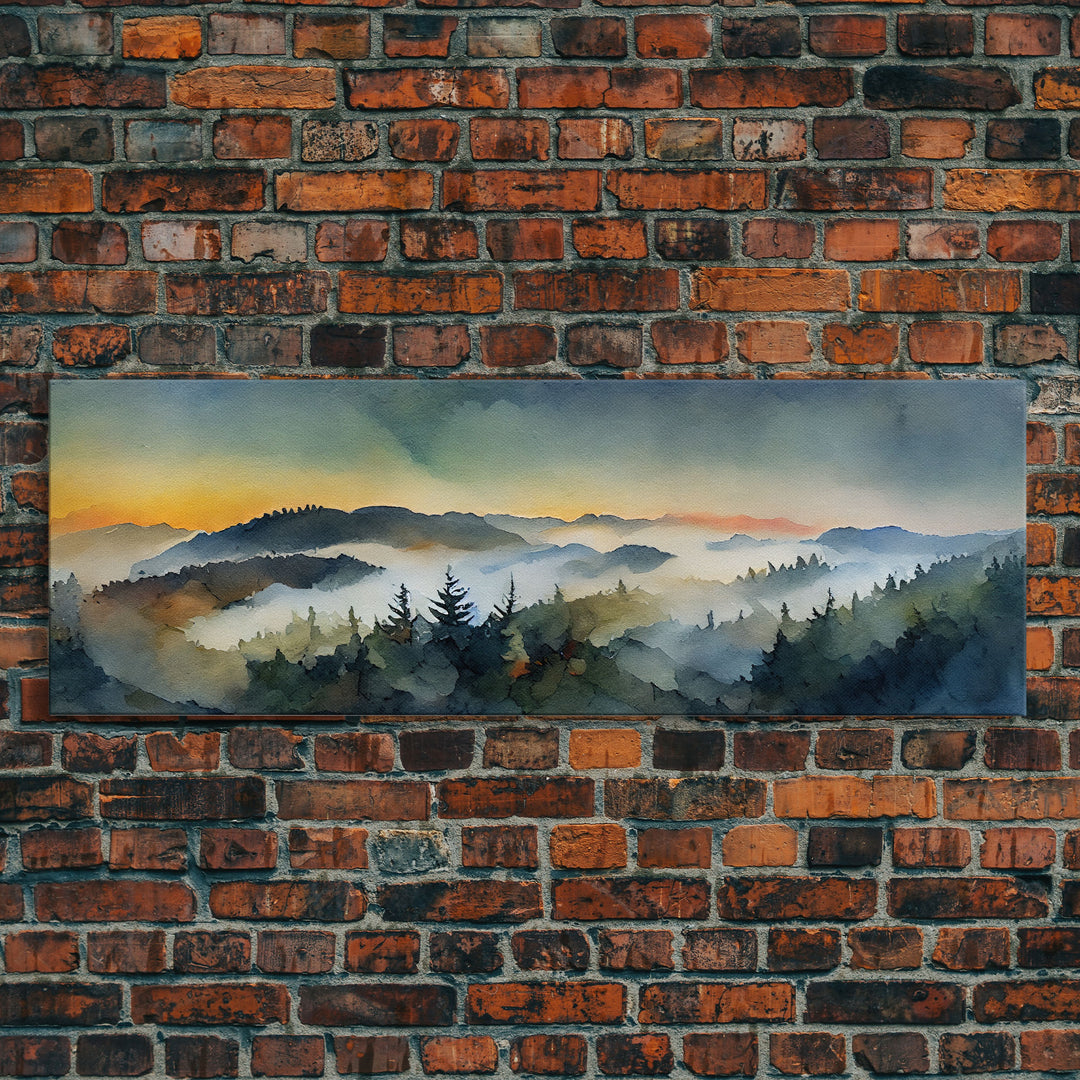 Beautiful Watercolor Landscape, Ready To Hang Canvas Print, Panoramic Art, Above Sofa Wall Art