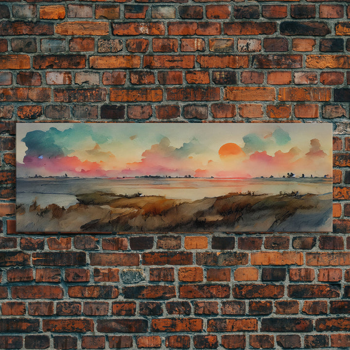 Watercolor Landscape Painting Print, Ready To Hang Panoramic Canvas Print, Whimsical Water Color Sunset, Hazy Smoky Sky