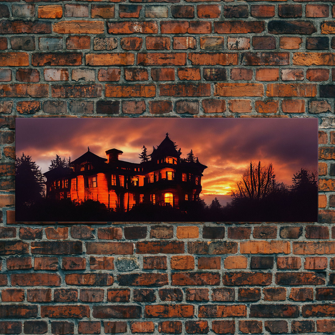 Spooky Haunted House, Panoramic Wall Art Canvas Print, Ready To Hang, Creepy Wall Decor, Gloomy Art