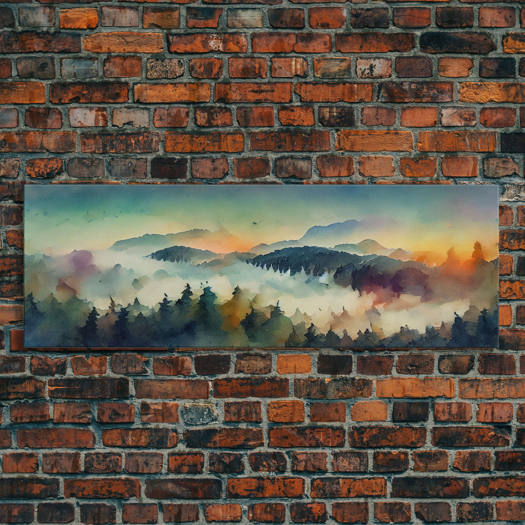 Dramatic Watercolor Sunset Landscape, Ready To Hang Canvas Print, Panoramic, Emerald Green Landscape Wall Decor, Watercolour Painting