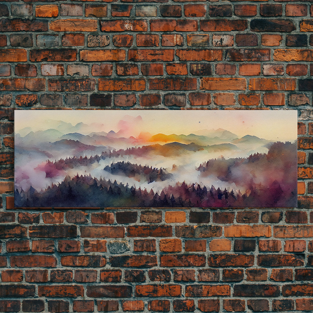 Dramatic Watercolor Sunset Landscape, Ready To Hang Canvas Print, Panoramic, Emerald Green Landscape Wall Decor, Above Bed Art, Guestroom