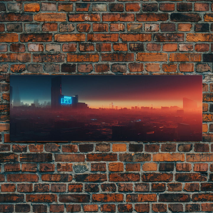 Cyberpunk Cityscape, Ready To Hang Canvas Print, Panoramic, Cyberpunk Concept Art, Cityscape at Sunset, Cool mancave art, gift for him