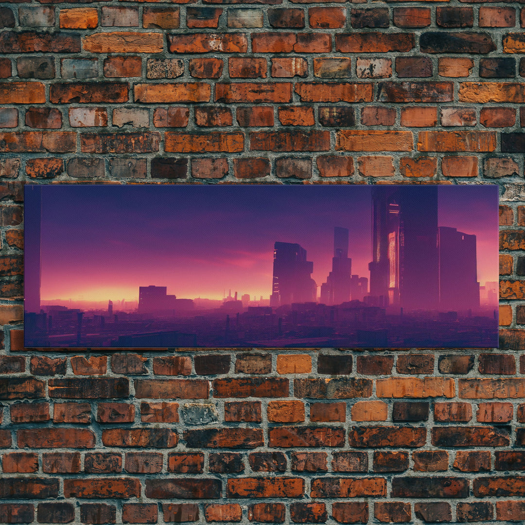 Cyberpunk Cityscape, Ready To Hang Canvas Print, Panoramic, Cyberpunk Concept Art, Cityscape at Sunset, Cool mancave art, Purplewave