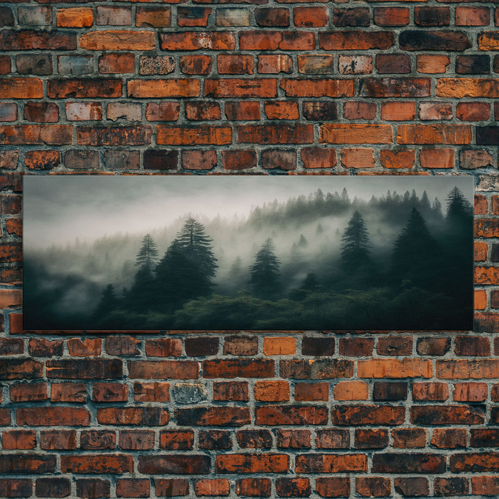 Panoramic watercolor of a misty forest fog, wall art, framed canvas print, farmhouse decor, foggy pine tree forest landscape, cabin art