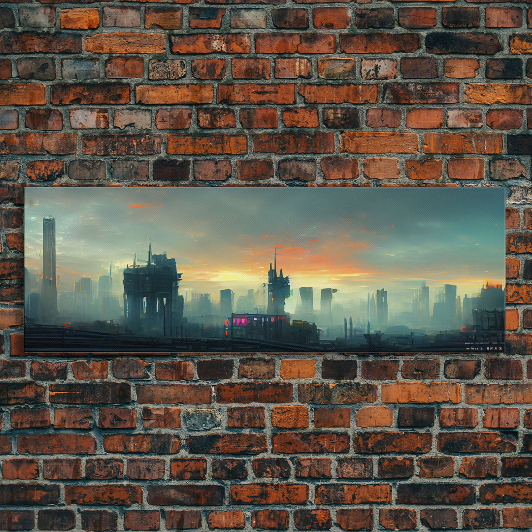 Night City Watercolor, Cyberpunk City, Ready To Hang Canvas Print, Panoramic, Videogame Concept Art, Watercolor Painting Of a Cyberpunk City