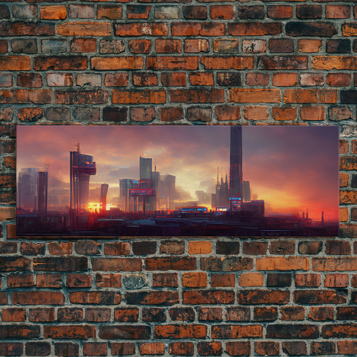 Cyberpunk Cityscape, Metropolis Art, Ready To Hang Canvas Print, Panoramic, Night City Watercolor Concept Art