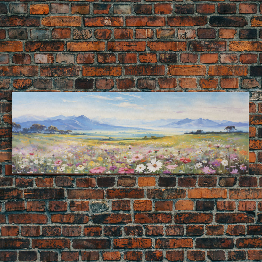 Beautiful Wildflowers Watercolor Painting Framed Canvas Print, Ultra Wide Panoramic Wall Art, 20 x 60 Art, Springtime Decor