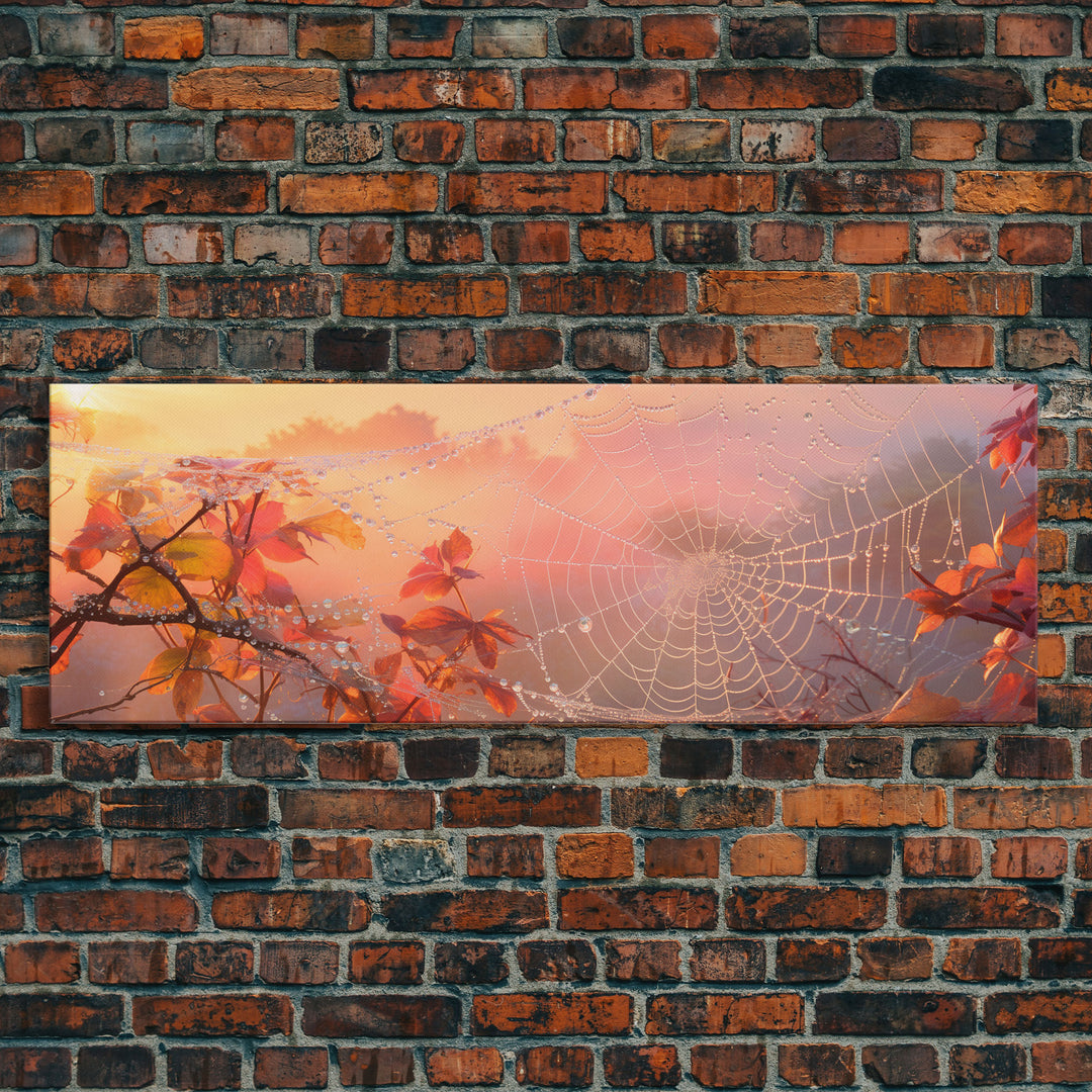 Dew Covered Spiderweb In The Fall, Framed Canvas Print, Autumn Centerpiece, Fall Leaves In The Autumn