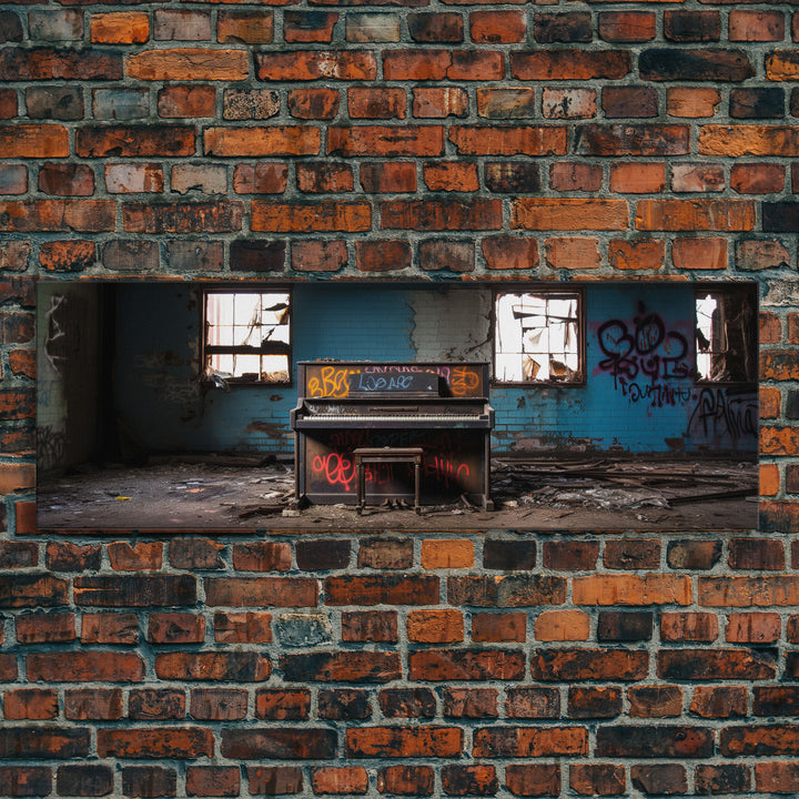 The Abandoned Piano, Urban Decay Art, Street Art, Framed Canvas Print, Graffiti Art, Panoramic Wall Art