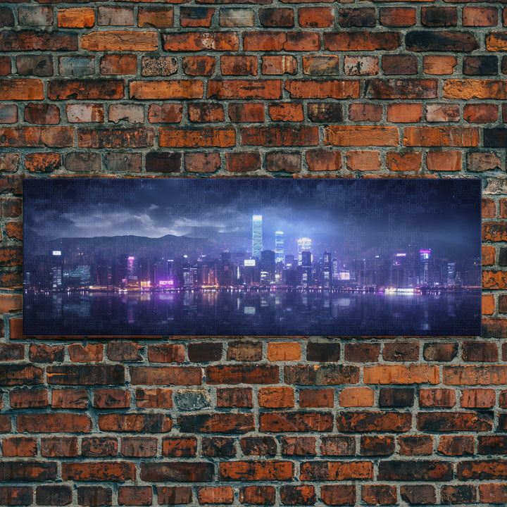 Cyberpunk Hong Kong City Skyline, Framed Canvas Print, Cyberpunk Style Wall Art, Synthwave Decor, Videogame Concept Art