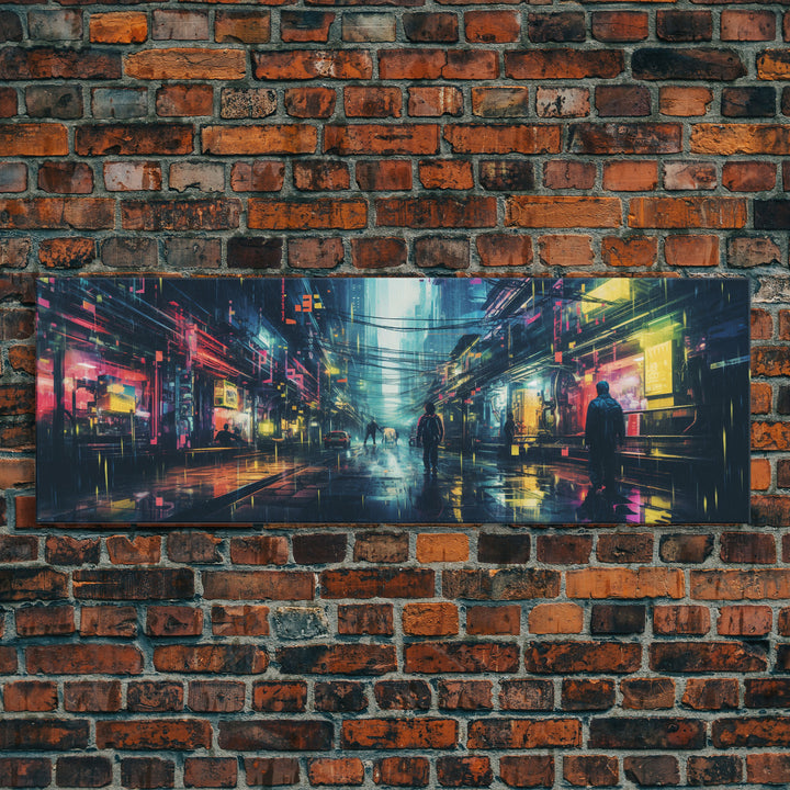 Cyberpunk Tokyo City Streets, Framed Canvas Print, Cyberpunk Style Wall Art, Synthwave Decor, Videogame Concept Art