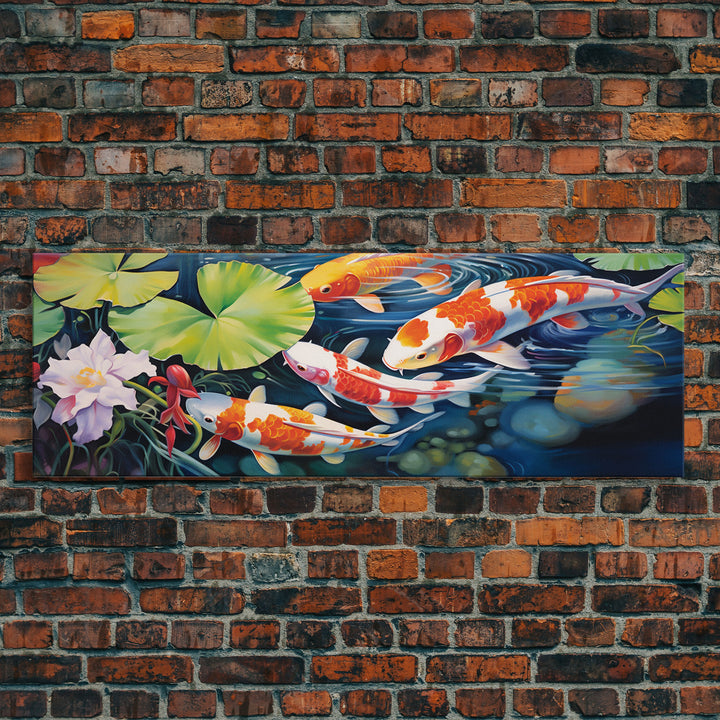 The Koi Pond Framed Canvas Print, Koi Fish Decor, Koi Fish Garden Wall Art, Koi Fish and Lilly Pads