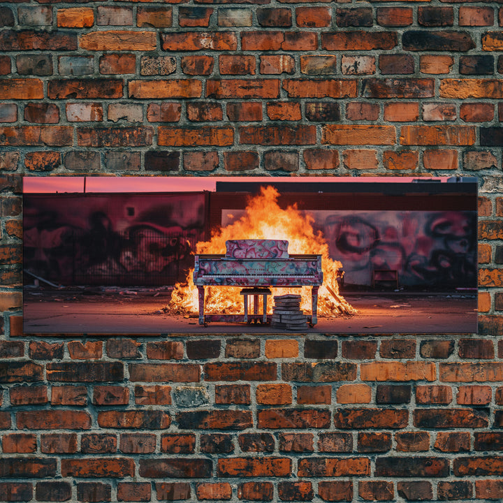 The Burning Piano, Urban Decay Art, Street Art, Framed Canvas Print, Graffiti Art, Panoramic Wall Art