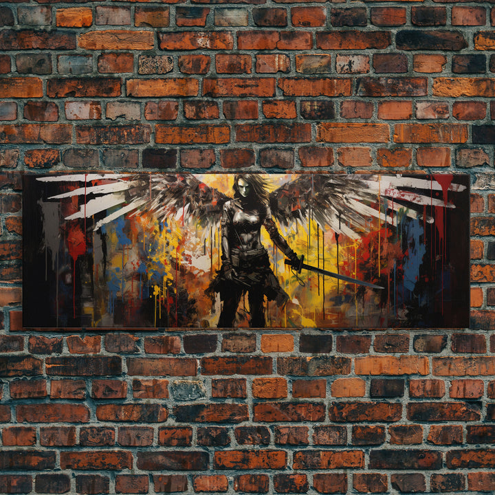 Graffiti Battle Angel, Framed Canvas Print, Game Room Art, Panoramic Painting, Panoramic Wall Art, Extra Large Wall Art