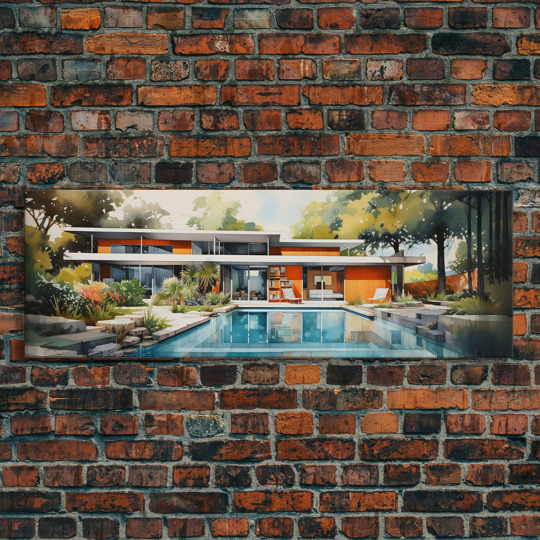 Midcentury Modern Architecture Wall Art, Framed Canvas Print, 50s Style Home Decor, Retro Art, MCM Wall Hanging, Panoramic Art