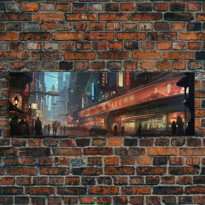 Futuristic Cyberpunk City, Framed Canvas Print, Dystopian Art, Metropolis Painting, Unique Office Decor