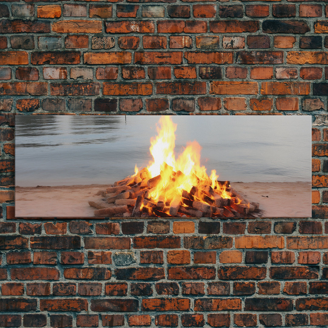 Campfire On The Beach, Framed Canvas Print, Lakehouse Wall Art, Ocean Decor, Ocean Wall Art, Home & Office Decoration