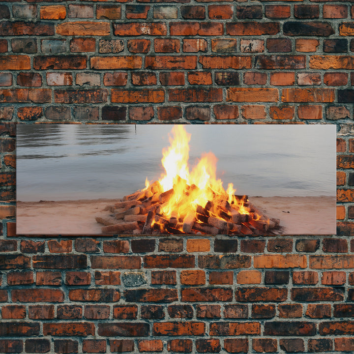 Campfire On The Beach, Framed Canvas Print, Lakehouse Wall Art, Ocean Decor, Ocean Wall Art, Home & Office Decoration