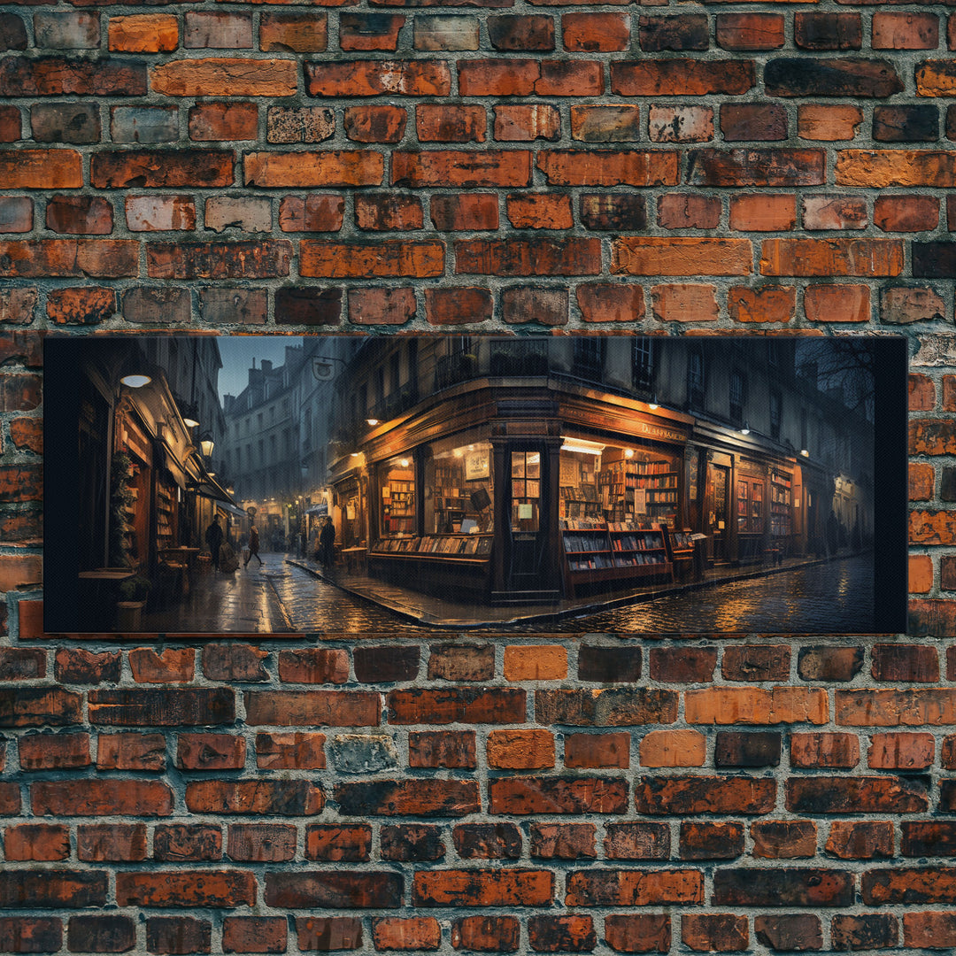 The Book Shop in Paris, Framed Canvas Print, Paris On A Rainy Night, Living Room Decor, Victorian Oil Painting