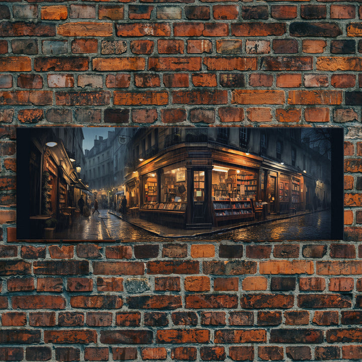 The Book Shop in Paris, Framed Canvas Print, Paris On A Rainy Night, Living Room Decor, Victorian Oil Painting