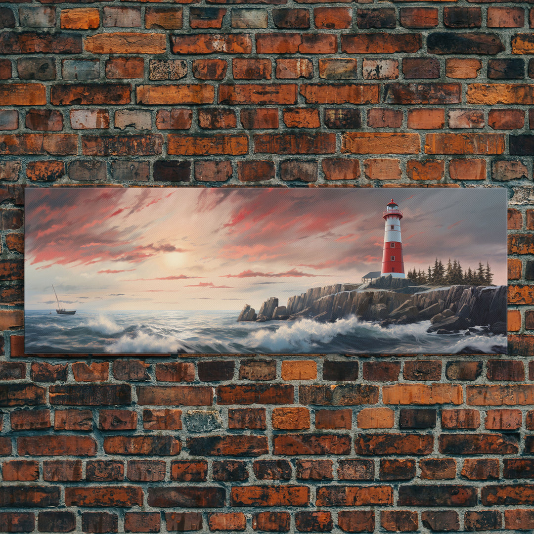 Lighthouse On A Rocky Cliff At Sunset, Framed Canvas Print / Wall Art, Watercolor Painting of a Nautical Scene