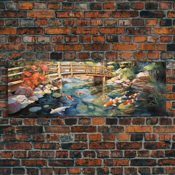 Panoramic Koi Pond Painting Canvas Print, Framed Wall Art, Unique Home Decor, Gift Idea, Art With Frame, Living Room Art